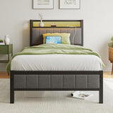 Twin Bed Frame with Charging Station and LED Lights,Upholstered Headboard with Storage Shelves,Metal Single Platform Bed Frame Twin Size with Strong Metal Slats Support No Box Spring Needed,Noise Free BOFENG