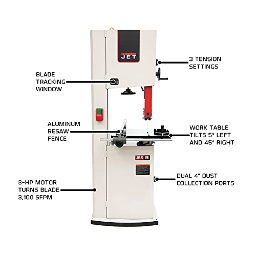 JET 15-Inch Woodworking Bandsaw, 3 HP, 1Ph 230V (JWBS-15-3) - WoodArtSupply