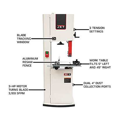 JET 15-Inch Woodworking Bandsaw, 3 HP, 1Ph 230V (JWBS-15-3) - WoodArtSupply