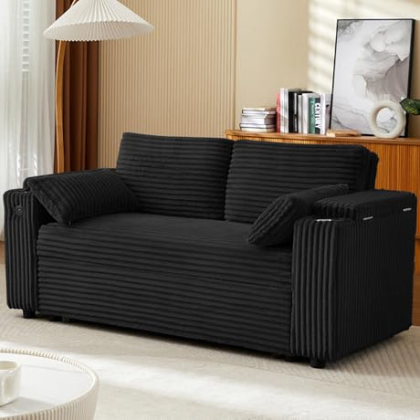 Convertible Corduroy Sofa Bed with USB Charging Port & Cup Holders, 68.11" Foldable Sleeper Chair with Armrests & Pillows, 3-in-1 Floor Futon for Living Room, Bedroom, Guest Room，Easy Assembly hansones
