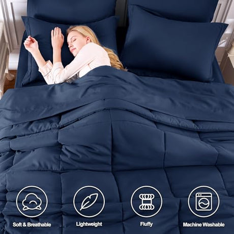 CozyLux Full Size Comforter Sets Navy Blue - 7 Pieces Bed in a Bag Full, Oeko-Tex Certified Bed Set, All Season Soft Bedding Set with Down Alternative Comforter, Sheets, Pillowcases & Pillow Shams CozyLux