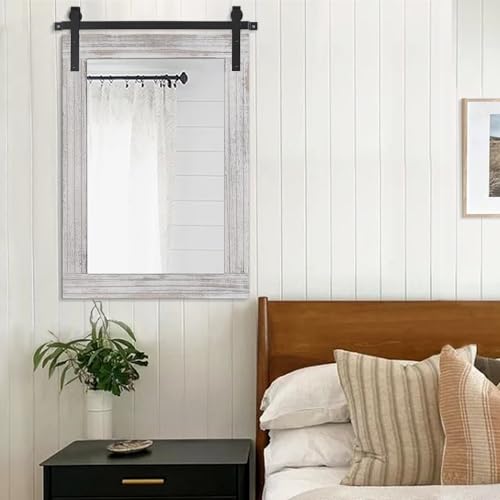 AAZZKANG Wall Mirror Rustic Barn Door Mirror Large 26"x18" with Wood Framed Rectangle Decorative Bedroom Bathroom Vanity Mirror Farmhouse Wall Decor White