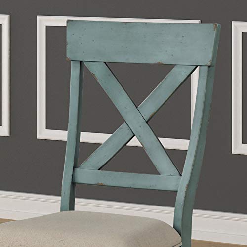 Roundhill Furniture Prato Two-Tone Wood Cross Back Upholstered Dining Chairs, Set of 2, Blue and Tan Roundhill Furniture