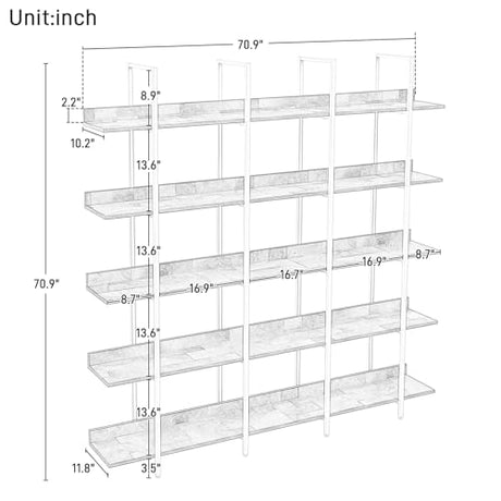 Nahenduo 5 Tier Large Open Bookshelf, Industrial Bookshelf with Back Fence, 400lbs Capacity, Wooden Office Bookcase with Metal Frame for Home Office Living Room, Easy Assembly (Oak and White Frame) Nahenduo