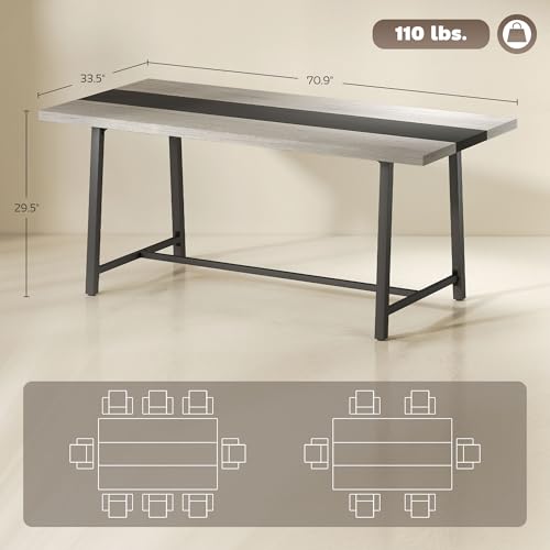 HOMCOM Industrial Dining Table for 8 People, 70.9" Long Rectangular Kitchen Table with Large Tabletop and Steel Legs for Dining Room, Distressed Gray HOMCOM