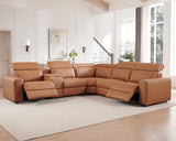 AMERLIFE Power Recliner Sectional Sofa with Storage/USB Port, Leather Recliner Sofa with Adjustable Headrest, Reclining Sectional Couches with Console and Cup Holder for Living Room (Brown, 5-Seater)