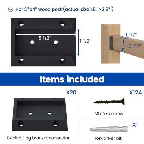 Muzata 20Pcs Deck Railing Brackets Connectors Rail Support Kit for 2x4(1.5"×3.5") Railing with 124pcs Screws Wooden Fence Handrail Wood Railing System Cable Railing Baluster Railing, WT11 Muzata