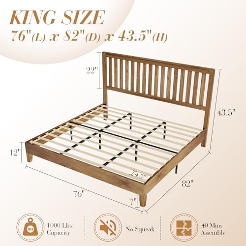 AMERLIFE King Size Wood Bed Frame, Mid-Century Wooden Platform Bed with Grille Headboard, Wood Slat System/No Box Spring Needed/Noise Free, Natural AMERLIFE