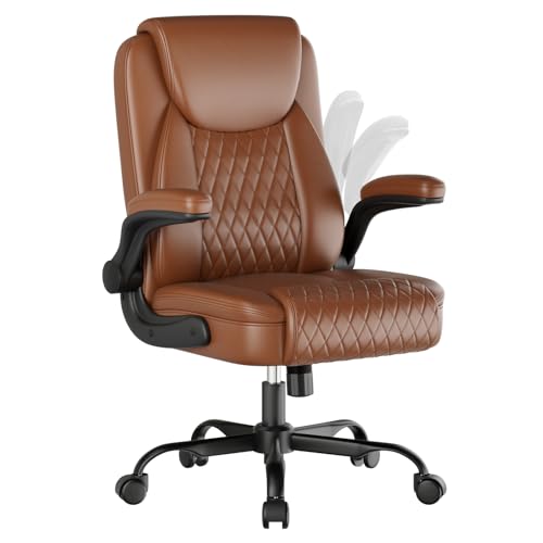 COMHOMA Office Chair 400lbs, Home Desk Chair with Flip-up Arms and Ergonomic Back - Heavy Duty PU Leather Executive Chair for Home Office Gaming, Brown COMHOMA