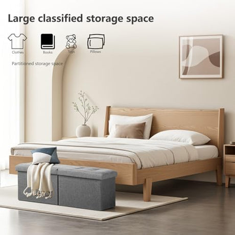 AmasSmile Storage Bench Folding Storage Ottoman Foot Rest Stool, 34 inch Grey Linen Footstool Bench, Short Ottoman Bench, Storage Foot Rest Store as Books, and Blanket Storage or Others AmasSmile