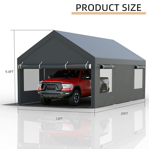 JY QAQA Carport, 12x20 FT Heavy Duty Carport with Roll-Up Window and Sandbags, Portable Garage with Removable Side Walls and Doors, Car Canopy with All-Season Tarp for Cars, Trucks, Boats, Grey JY QAQA PET