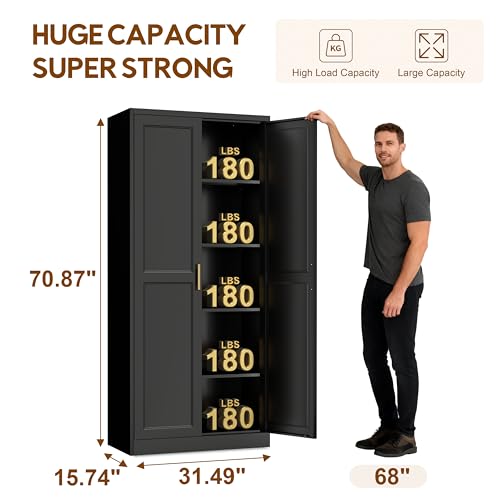 UNICOLY 71" Kitchen Pantry Cabinet, Pantry Storage Cabinet with Doors and 4 Shelves, Metal Storage Cabinets for Kitchens, Living Room, Dinning Room, Assembly Required, Black UNICOLY