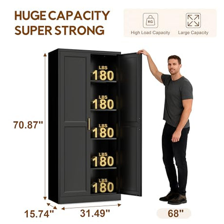 UNICOLY 71" Kitchen Pantry Cabinet, Pantry Storage Cabinet with Doors and 4 Shelves, Metal Storage Cabinets for Kitchens, Living Room, Dinning Room, Assembly Required, Black UNICOLY