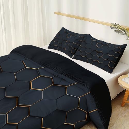 Black 3 Piece Duvet Cover Set, 1 Printed Zipper Closure Duvet Cover with 2 Pillow Shams, Ultra Soft Brushed Microfiber Single with Minimalist Hexagonal Geometric Generic