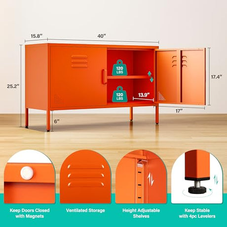 SISESOL Orange Metal Storage Cabinet with Doors and Shelves,2 Door Wide Metal Locker Accent Storage Cabinet with Leg & Vent Hole,Wide TV Cabinets,Low Side Cupboard for Home,Office,Dining/Living Room SISESOL
