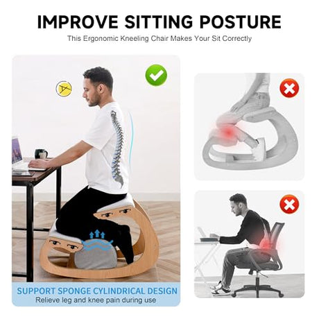Adjustable Kneeling Chair, Wooden Ergonomic Chair Knee Chair Posture Chair - Improve Your Posture with an Angled Seat for Home,Office (Wood Color+ Pads) MallVitally
