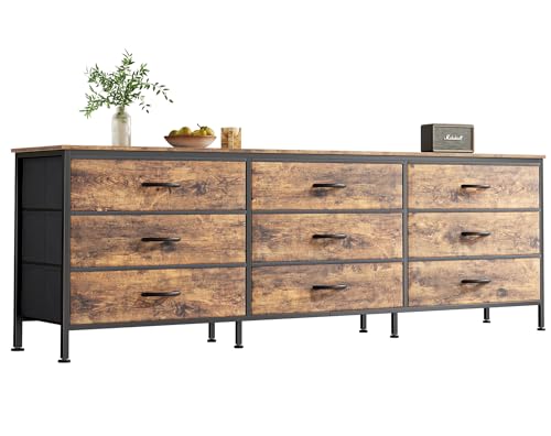 Huuger 9 Drawer Dresser, 63 Inch Dresser TV Stand for 55, 65, 70 Inch TV, Entertainment Center with Drawers, Large Long Fabric Dresser for Bedroom, Closet, Rustic Brown - WoodArtSupply