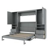 Merax Queen Size Murphy Bed with Desk, Closet, Drawers and Shelves, Fold into The Wall, Space-Saving Foldable Wood Platform Bed Frame for Small Spaces Studio Study Office Guest Room, Gray Merax