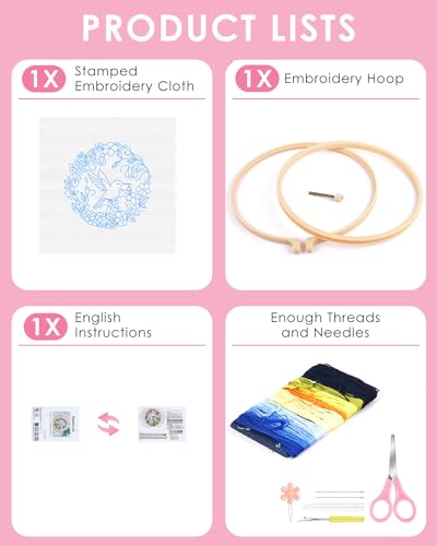 TINDTOP Embroidery Kit for Beginners Adult, Hummingbird Embroidery Kit for Beginners Include Embroidery Cloth Hoops Threads for Craft Lover Hand Stitch with Embroidery Skill Techniques TINDTOP