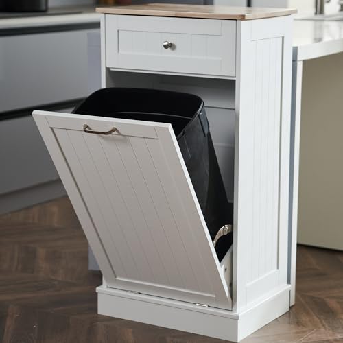 AHB 13 Gallons Tilt Out Trash Cabinet, Hidden Trash Can Kitchen Wooden Tilt Out Pet Proof Hidden Trash Bin for Kitchen Living Room,White AHB