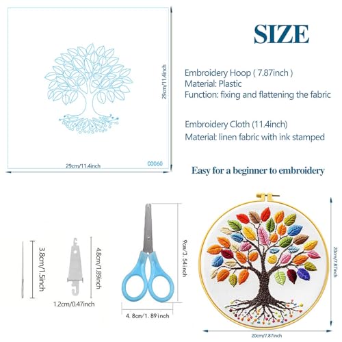 Zhenqing Rainbow Tree of Life Embroidery Kit for Beginners - 29x29cm Printed Fabric with Hoop & Full Tools (C0060)