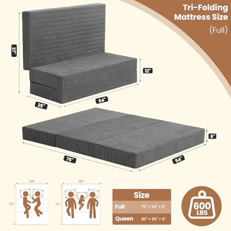 Erament 6-Inch Tri-Fold Mattress Full Size, Covertible Bed Floor Futon Mattress with Handles & Non-Slip Bottom, Foldable Mattress with Removable Tufted for Guest, Camping, Dorm Erament
