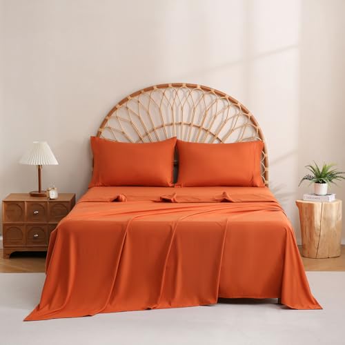 JSD Burnt Orange Queen Sheet Set with Side Pocket Corner Straps, 4 Piece Soft Microfiber Bed Sheets Extra Deep Pocket JSD