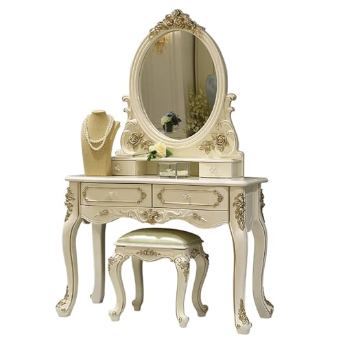 Vintage Vanity Table Set, Bedroom Vanity Desk with Oval Mirror, 4 Drawers and Upholstered Stool, Large Makeup Table for Women (Color : White, Size : 86x51x160cm) - WoodArtSupply