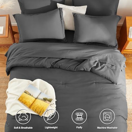 HIMEET Full Size Comforter Sets - 7 Pieces Bed in a Bag Full, Luxury Comforter Set with Sheets for All Season, Bed Set with Comforter, Flat Sheet, Fitted Sheet, Pillowcases & Shams, Dark Grey HIMEET