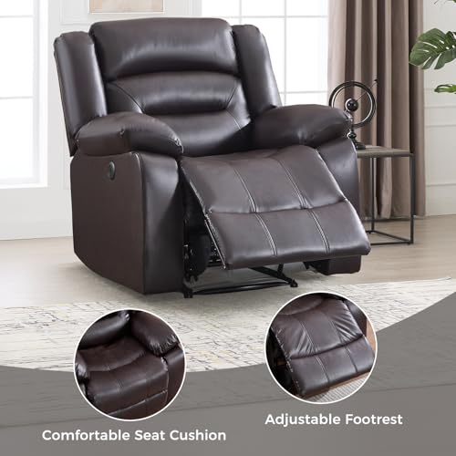 EBELLO Classic Power Recliner Chair for Living Room, Faux Leather Oversized Electric Overstuffed Reclining Chair with Thick Cushion, Comfortable Armrest and USB Charge Port, Brown