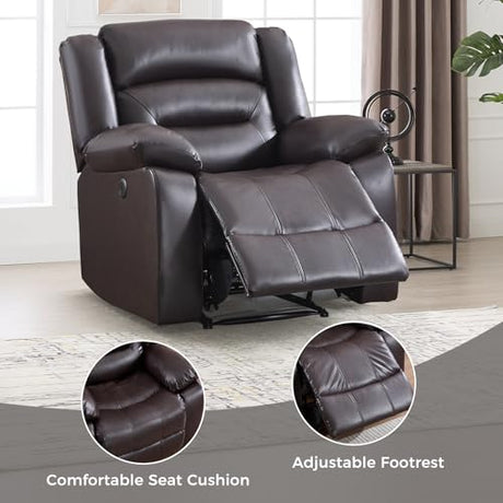 EBELLO Classic Power Recliner Chair for Living Room, Faux Leather Oversized Electric Overstuffed Reclining Chair with Thick Cushion, Comfortable Armrest and USB Charge Port, Brown EBELLO
