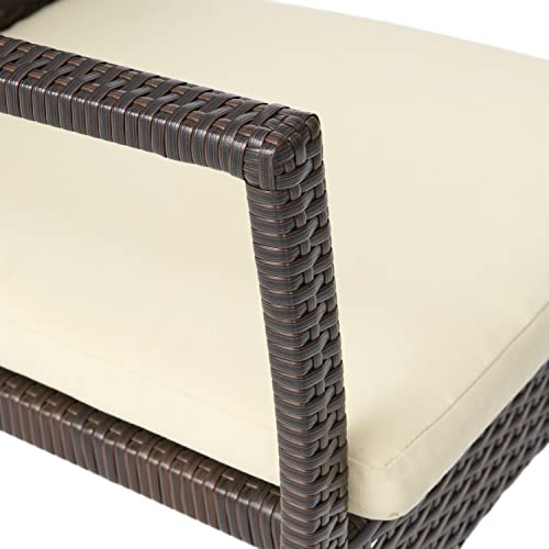 Christopher Knight Home Stamford Outdoor Wicker Dining Set with Acacia Wood Circular Table and Water Resistant Cushions, 5-Pcs Set, Teak Finish / Brown / Crème Cushion Christopher Knight Home