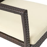 Christopher Knight Home Stamford Outdoor Wicker Dining Set with Acacia Wood Circular Table and Water Resistant Cushions, 5-Pcs Set, Teak Finish / Brown / Crème Cushion Christopher Knight Home