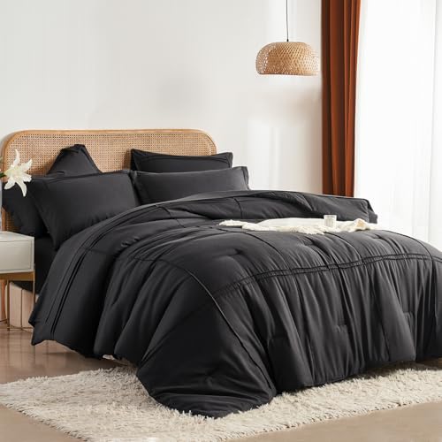 Yogeneg Twin Comforter Set 5 Piece Bed in a Bag,Grid Pinch Pleat Black Twin Bedding Set,Striped Textured Soft Microfiber Comforter with Sheet Set,All Season Complete Bed Set(Black,Twin) Yogeneg