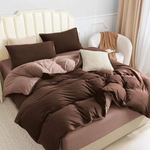 PURE ERA Jersey Knit Duvet Cover Set 100% T-Shirt Cotton Super Soft Comfy 3pc Bedding Set with Zipper Closure (Petal Pink/Dark Brown, Queen, 90"X90") PURE ERA