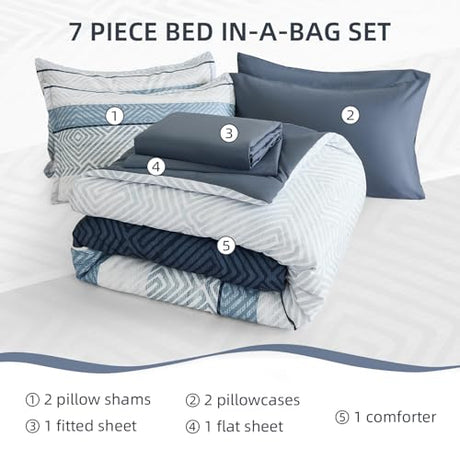 Drucon Comforter Set Queen Size 7 Piece Bed in a Bag Boho Blue Striped Bedding Set Soft Microfiber Comforter and Sheet Set for All Season (Queen, 90"x90") Drucon