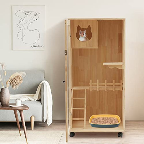 FONSOLUM Large Wooden Cat House with LED Light, Multi-Feature Cats Cage Cat Condo with Scratching Post and Wheels, Catio Cat Enclosure Cat Shelter for Indoor and Outdoor(24 * 24 * 47In) FONSOLUM
