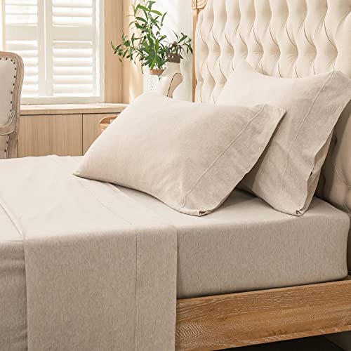 PURE ERA Jersey Knit 4pc Bed Sheet Set 100% T-Shirt Heather Cotton Super Soft Comfy Breathable Fits Mattress Up to 20" Extra Deep Pocket (Heather Beige, King) PURE ERA