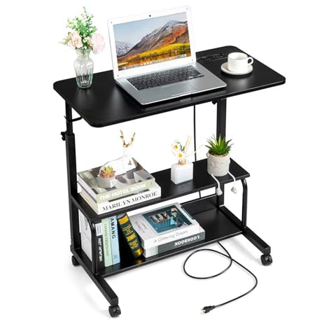 Karl home 31.5" Portable Rolling Desk on Wheels,Height Adjustable Standing Desk with 2 AC Outlets/3 USB Ports,Mobile Laptop Table with Hooks and Storage Shelves for Home Office，Black Karl home