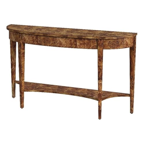 Beaumont Lane Traditional Demilune Console Table, Medium Brown Burl Wood Veneer, 54" W x 15" D x 32" H, Rubberwood Frame, Tapered Legs, Lower Shelf, Entryway or Living Room Furniture Beaumont Lane