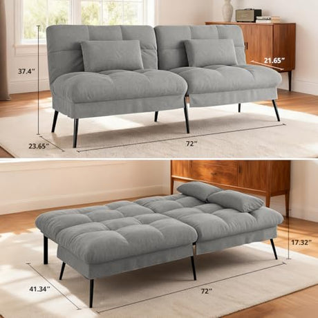 COMHOMA Convertible Sofa Bed,72″Fabric Couch with Adjustable Backrest,Loveseat Recliner Sleeper Living Room Furniture futon Set,Grey COMHOMA