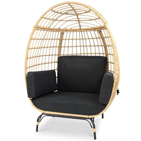 SereneLife Wicker Rattan Egg Chair with Cushions, Indoor Outdoor Egg Chair with Steel Frame and Washable Pillows, Woven Texture, Comfortable Design for Porch, Deck, Garden, or Room, Holds Up to 440lbs SereneLife