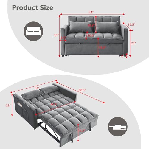 54" Convertible Sofa Bed, Velvet Sleeper Sofa with Pull-Out Bed, 3-in-1 Futon Couch with Reclining Backrest and Side Pocket, Modern Loveseat for Living Room (Medium Grey) Qinazoe