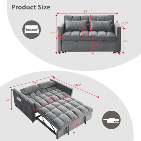 54" Convertible Sofa Bed, Velvet Sleeper Sofa with Pull-Out Bed, 3-in-1 Futon Couch with Reclining Backrest and Side Pocket, Modern Loveseat for Living Room (Medium Grey) Qinazoe