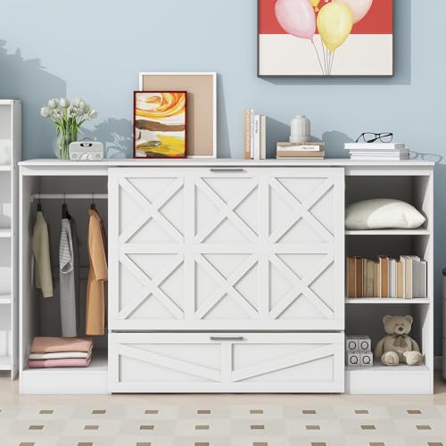 FAVSH Twin Size Murphy Bed with Bedside Shelves & Wardrobe, Wooden Wall Bed with Storage Drawer+Bookcase, Space-Saving Hidden Bed, Easy Assembly FAVSH