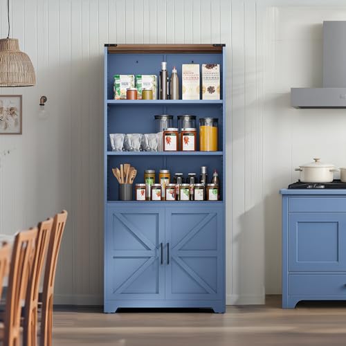 VINGLI Blue Bookcase with Doors and Adjustable Shelves, Steel 70" Tall Bookshelf Display Cabinet, 6-Tier Tall Farmhouse Metal Storage Cabinet for Study, Living Room, Home Office, Kitchen Pantry VINGLI