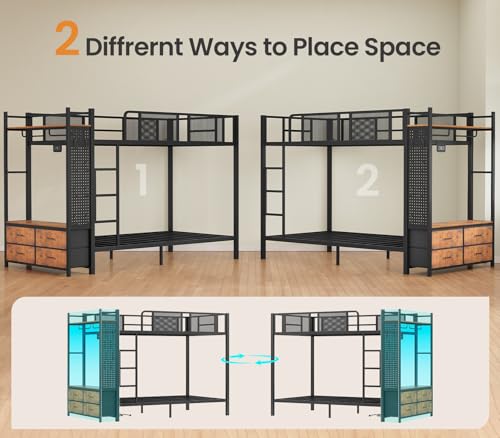 Itaar Metal Bunk Bed Twin Over Twin with Hall Tree, Power Outlet, LED Bunk Bed with 4 Storage Drawers, Bed with Safety Guardrail & Ladders, No Box Spring Needed, Easy Assembly, Rustic Brown Itaar