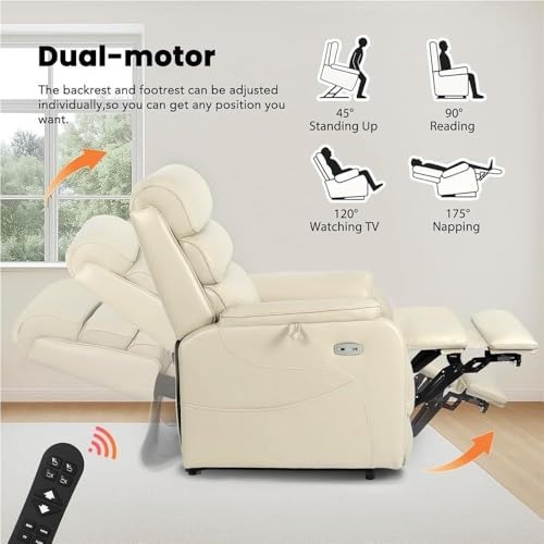 Cream White Genuine Leather Dual Motor Power Lift Recliner Chair for Elderly Adults Lay Flat Electric Sofa with Heated Massage Side Pockets Charging Ports Heavy Duty SDKOLPBNMZX
