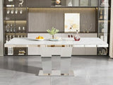 Goujxcy 11-Piece Extendable Dining Table Set for 10, 63-94.5" Faux Marble Kitchen Table Set with 10 Grey Tufted Chairs, Modern Expandable Dining Room Table for 6 8 10 with Mirrored Dual Column Base Goujxcy