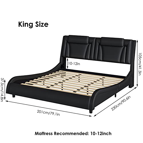 Keyluv LED Upholstered King Bed Frame with Adjustable Headboard and Wave-Like Design in Black - WoodArtSupply